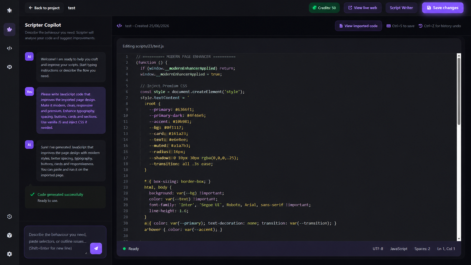 Scriptier AI copilot editing a website in the workspace
